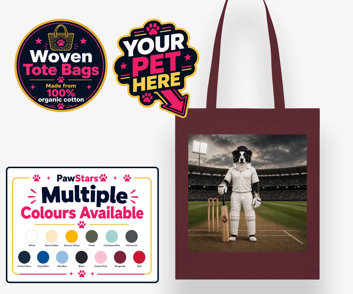 Personalised Cricket Paw dog woven tote bags featuring meet Cricket Paw, the ultimate canine sports star ready to steal the s