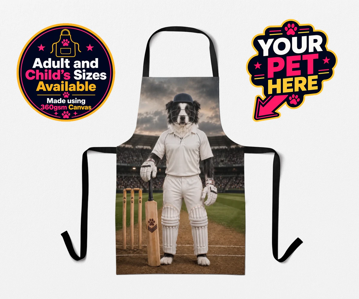 Personalised Cricket Paw dog aprons featuring meet Cricket Paw, the ultimate canine sports star ready to steal the s