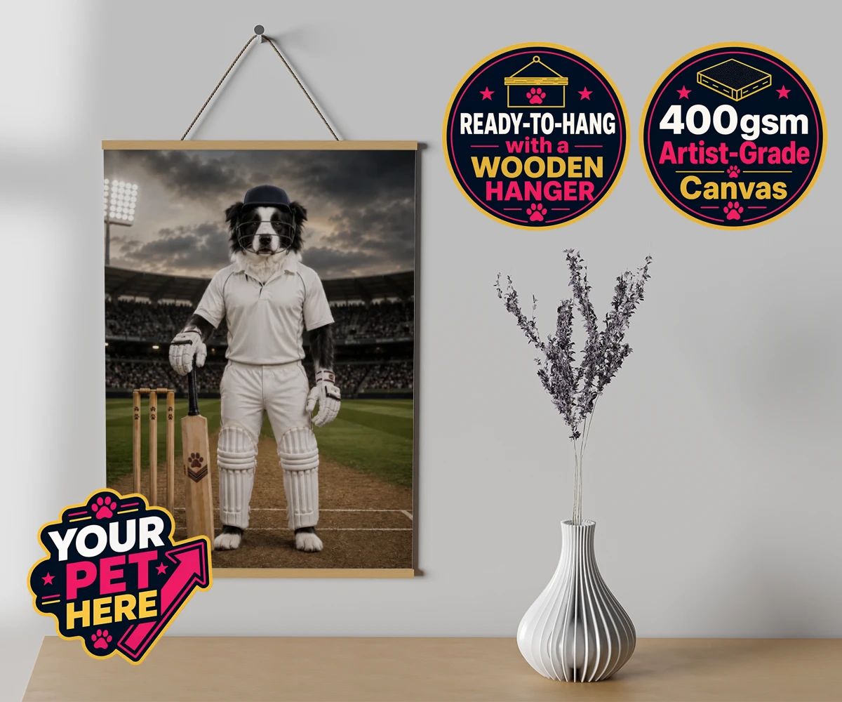 Personalised Cricket Paw dog canvas poster prints with hanger featuring meet Cricket Paw, the ultimate canine sports star ready to steal the s