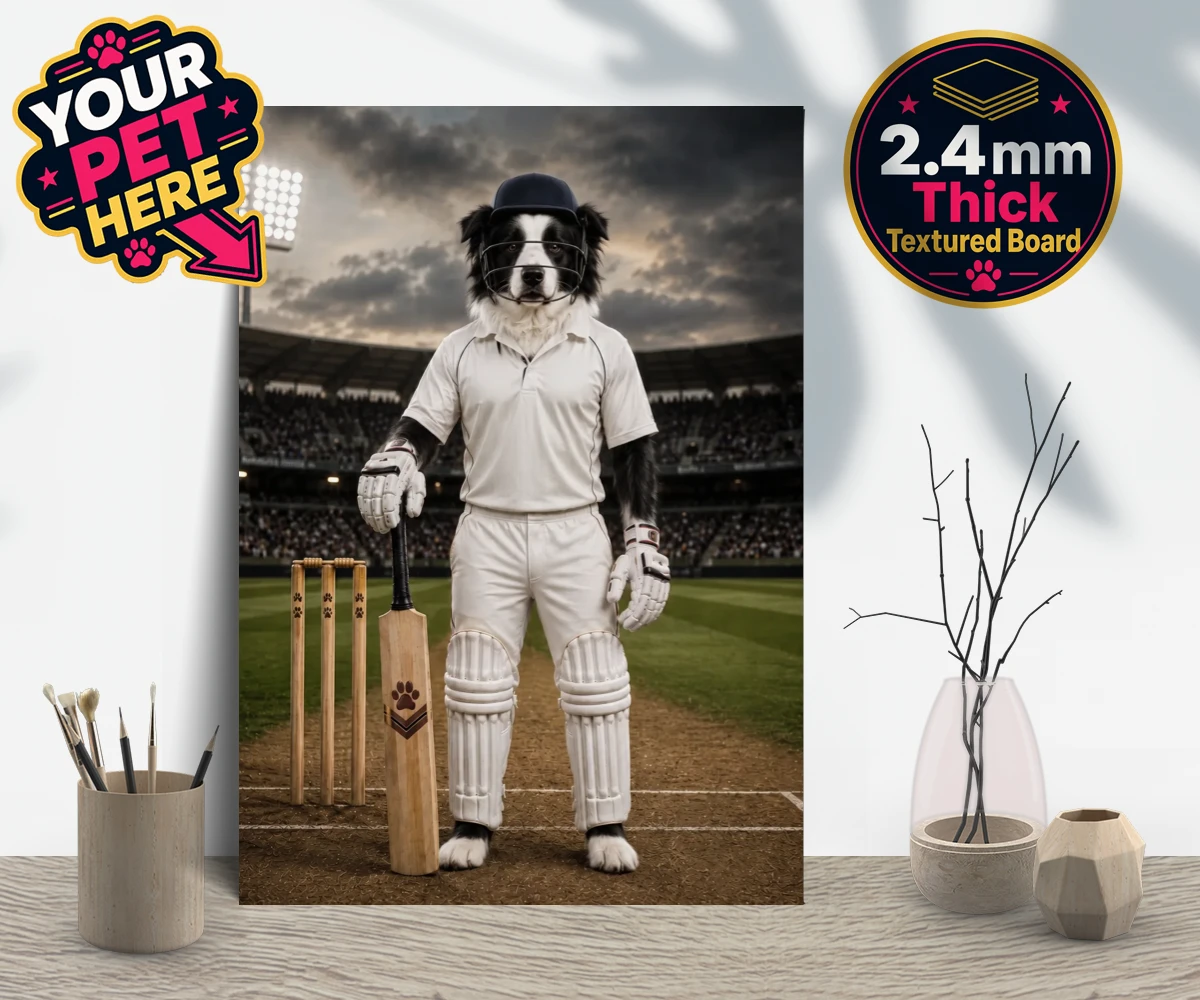 Personalised Cricket Paw dog gallery boards featuring meet Cricket Paw, the ultimate canine sports star ready to steal the s