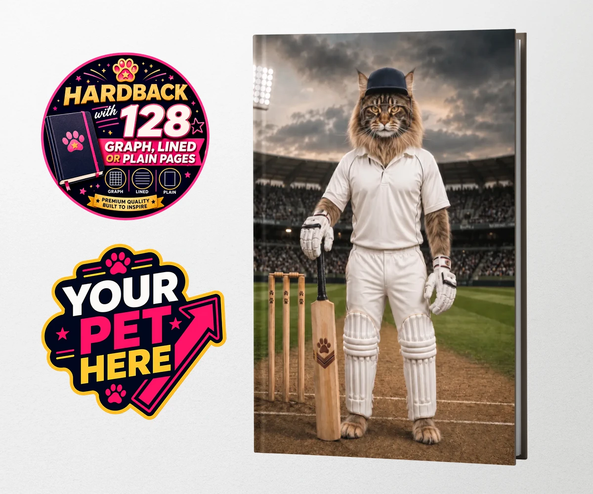 Personalised Cricket Paw cat hardback notebooks featuring meet Cricket Paw, the purr-fect fusion of feline charm and sporting sp