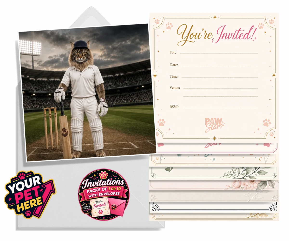 Personalised invitation featuring Cricket Paw the cat in a cricketer outfit with cricket bat