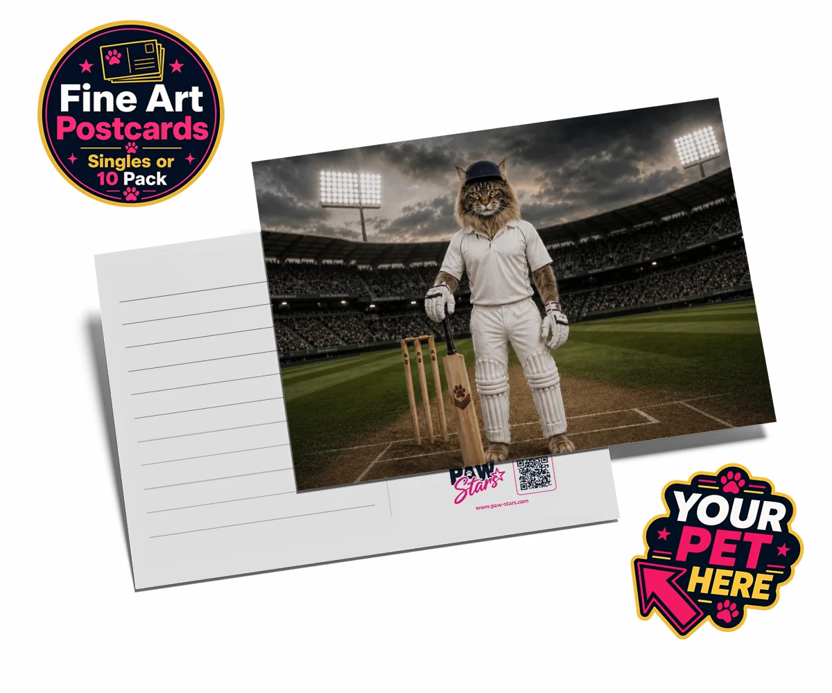 Personalised postcard featuring Cricket Paw, a cat in cricket gear holding a bat in a stadium setting