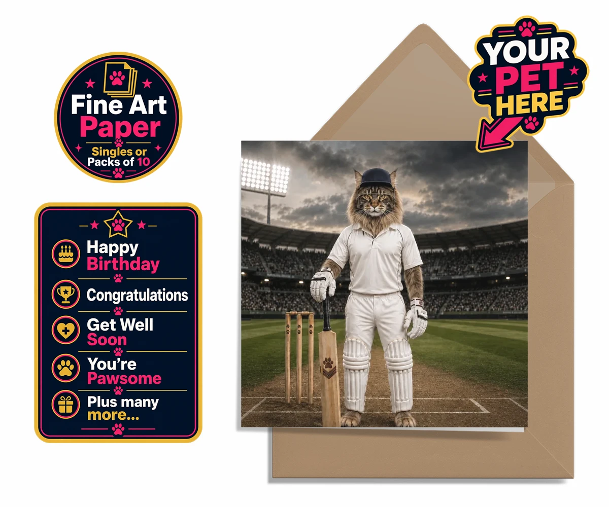 Personalised Cricket Paw cat premium greetings cards featuring meet Cricket Paw, the purr-fect fusion of feline charm and sporting sp