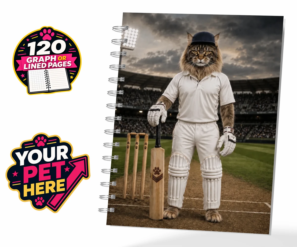 Personalised notebook featuring Cricket Paw, a cat dressed as a cricketer with a cricket bat and white kit.