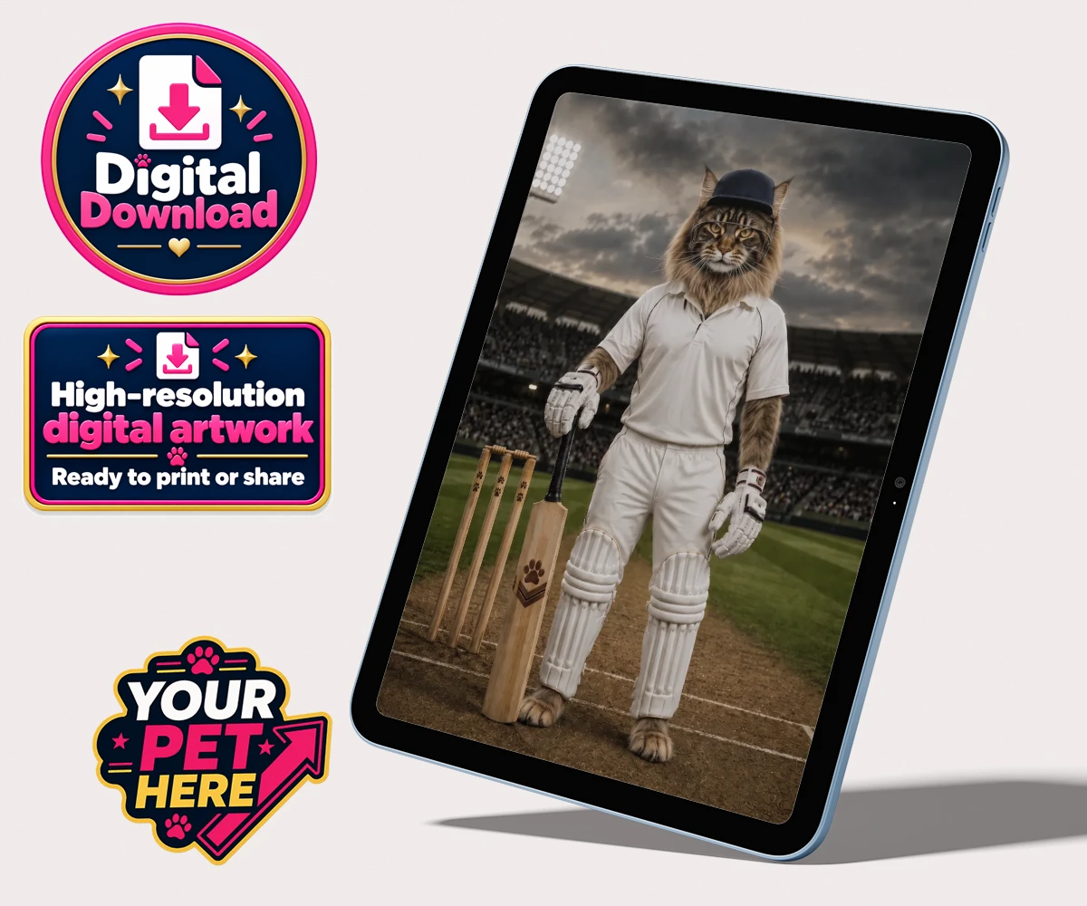 Personalised digital portrait of Cricket Paw the cat in a cricket kit with a bat, against a stadium background