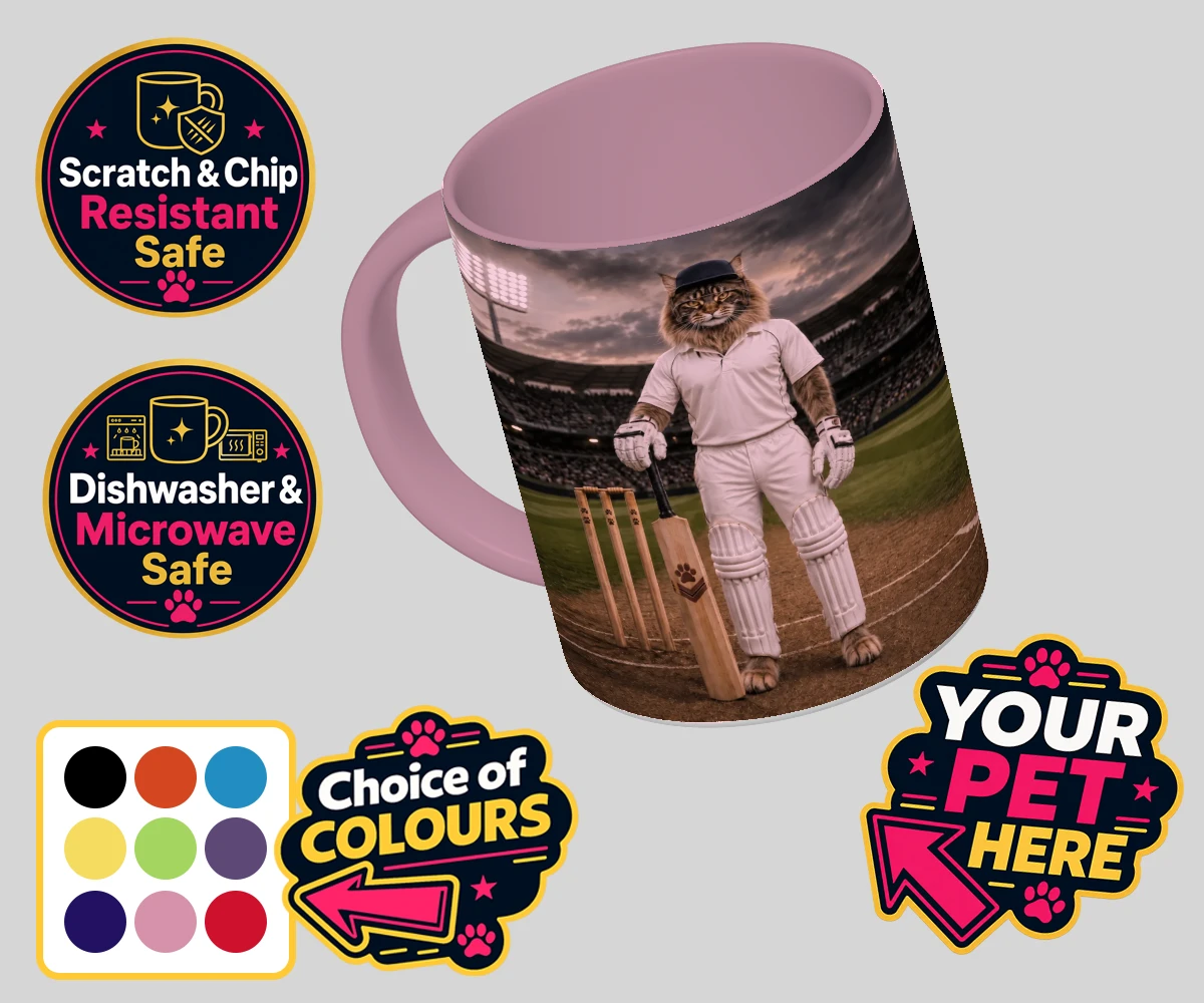 Personalised Cricket Paw cat coloured photo mugs featuring meet Cricket Paw, the purr-fect fusion of feline charm and sporting sp