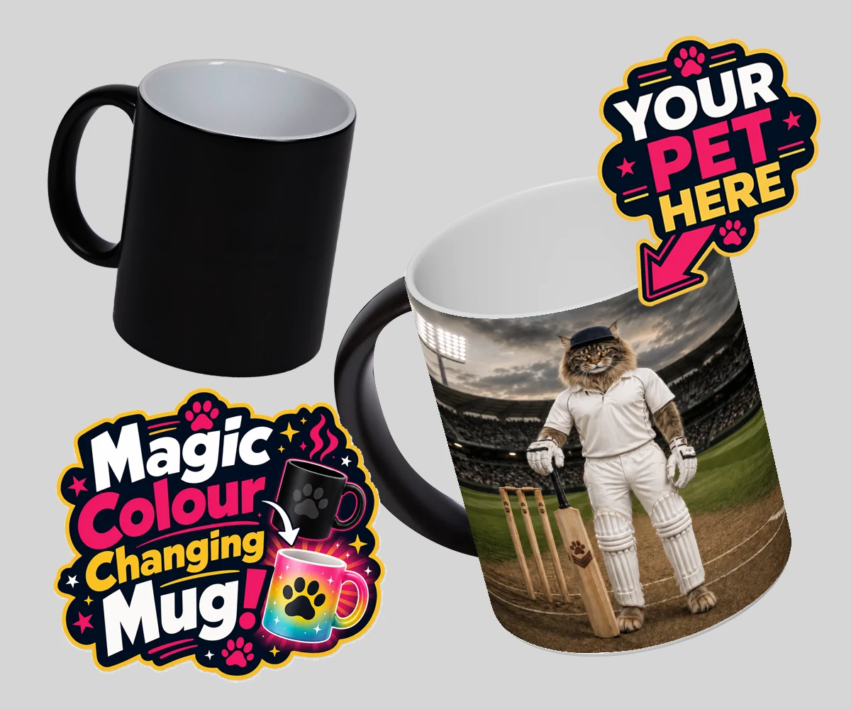 Personalised Cricket Paw cat magic photo mugs featuring meet Cricket Paw, the purr-fect fusion of feline charm and sporting sp