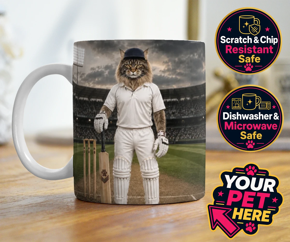 Personalised Cricket Paw cat photo mugs featuring meet Cricket Paw, the purr-fect fusion of feline charm and sporting sp