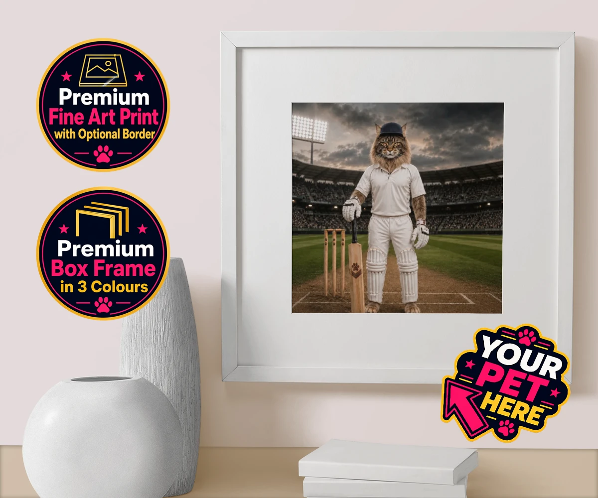 Personalised Cricket Paw cat box framed print featuring meet Cricket Paw, the purr-fect fusion of feline charm and sporting sp