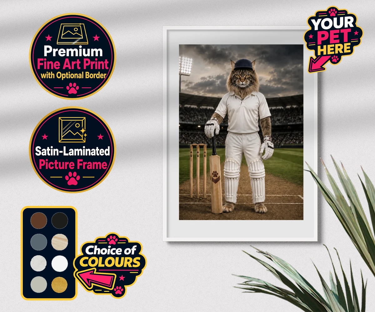 Personalised Cricket Paw cat premium framed print featuring meet Cricket Paw, the purr-fect fusion of feline charm and sporting sp