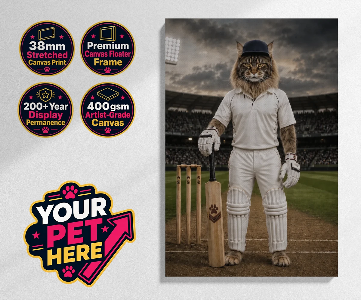 Personalised Cricket Paw cat stretched canvas print featuring meet Cricket Paw, the purr-fect fusion of feline charm and sporting sp