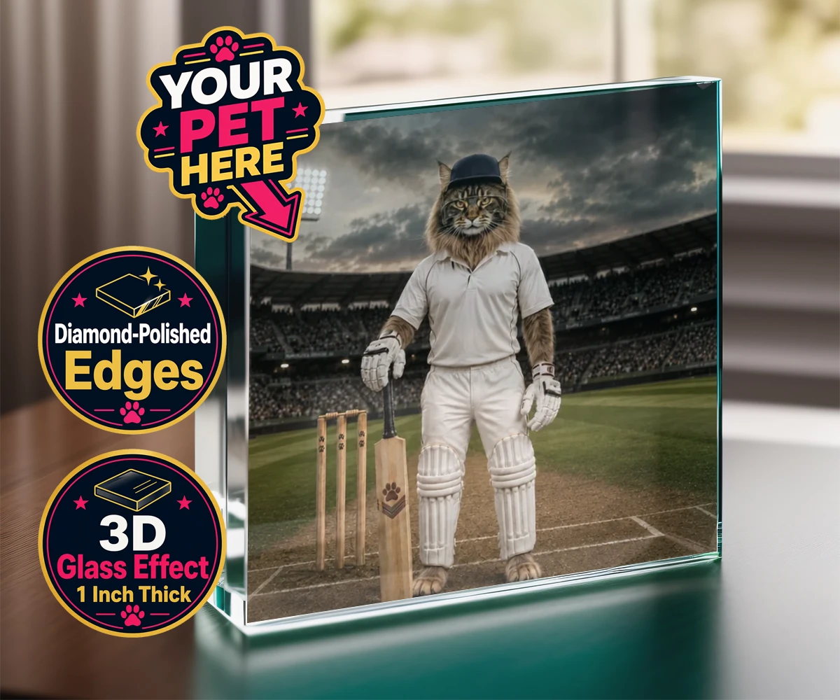 Personalised Cricket Paw cat acrylic prisms featuring meet Cricket Paw, the purr-fect fusion of feline charm and sporting sp
