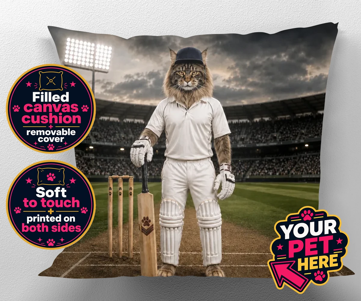 Personalised Cricket Paw cat canvas cushions featuring meet Cricket Paw, the purr-fect fusion of feline charm and sporting sp