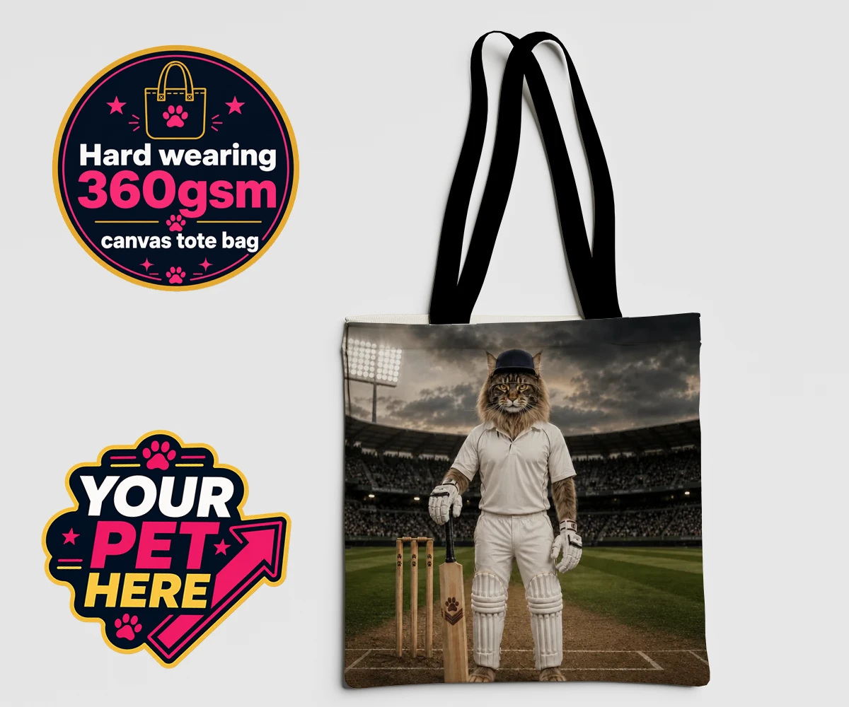 Personalised Cricket Paw cat canvas tote bags featuring meet Cricket Paw, the purr-fect fusion of feline charm and sporting sp