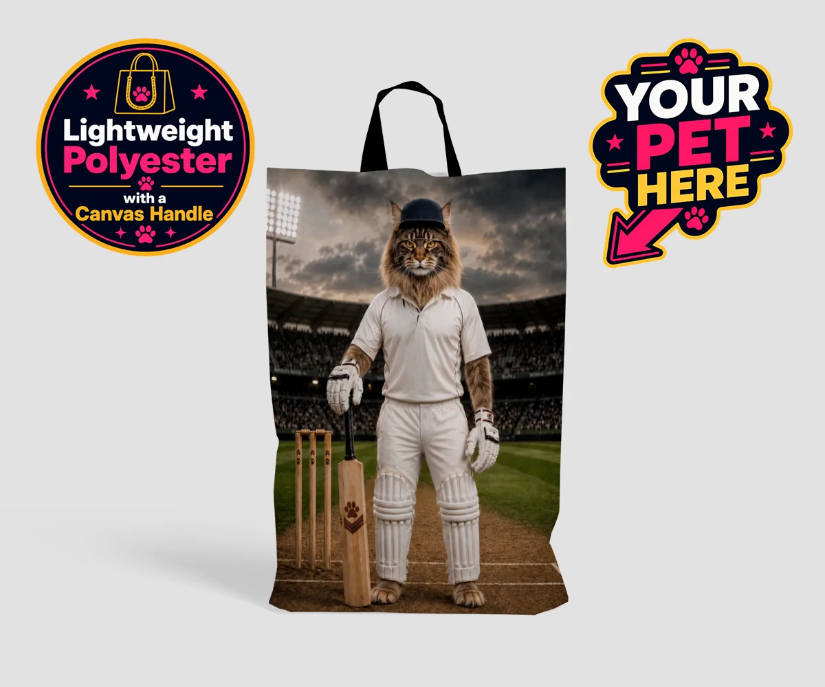 Personalised Cricket Paw cat shopping bags featuring meet Cricket Paw, the purr-fect fusion of feline charm and sporting sp