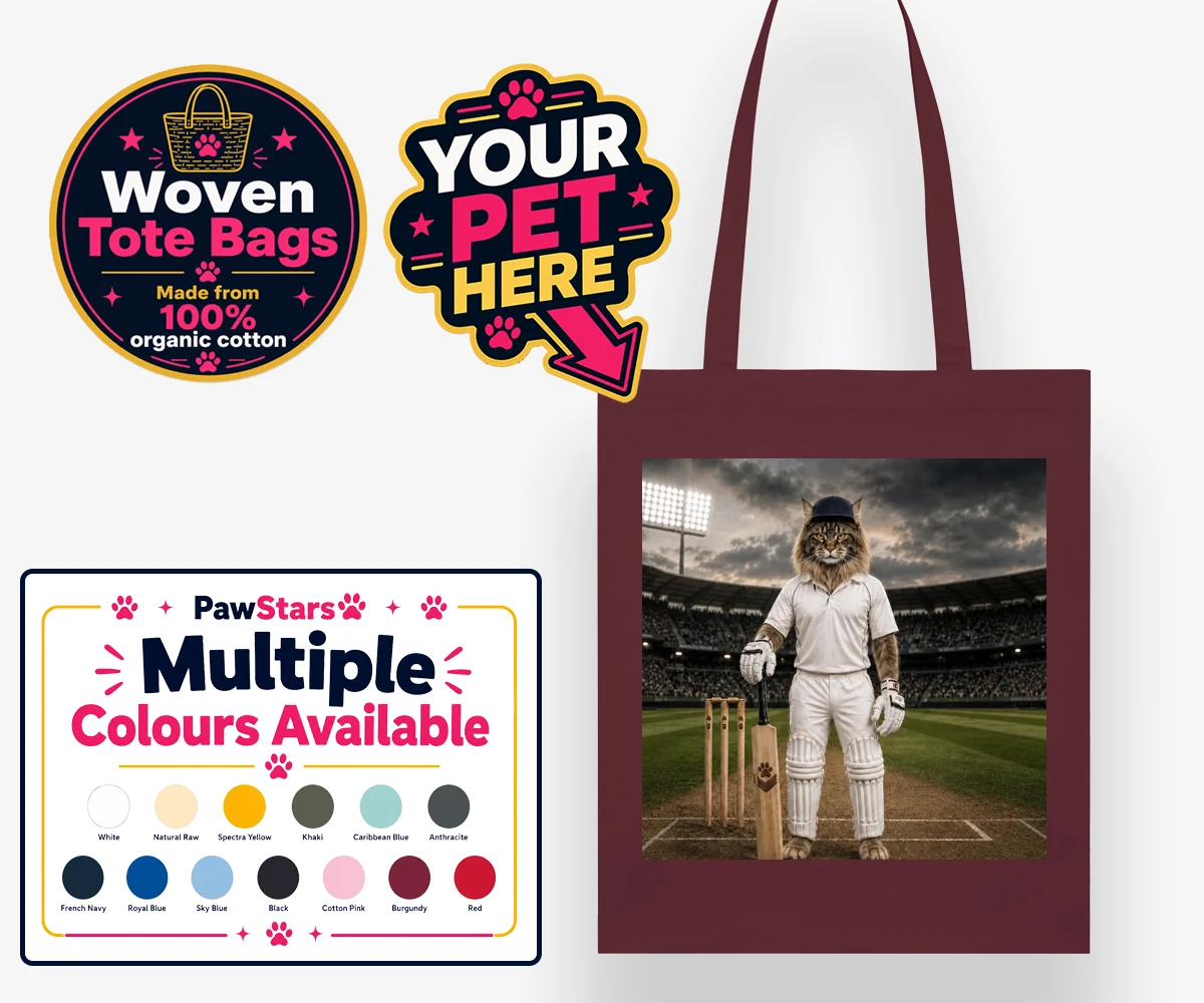 Personalised Cricket Paw cat woven tote bags featuring meet Cricket Paw, the purr-fect fusion of feline charm and sporting sp