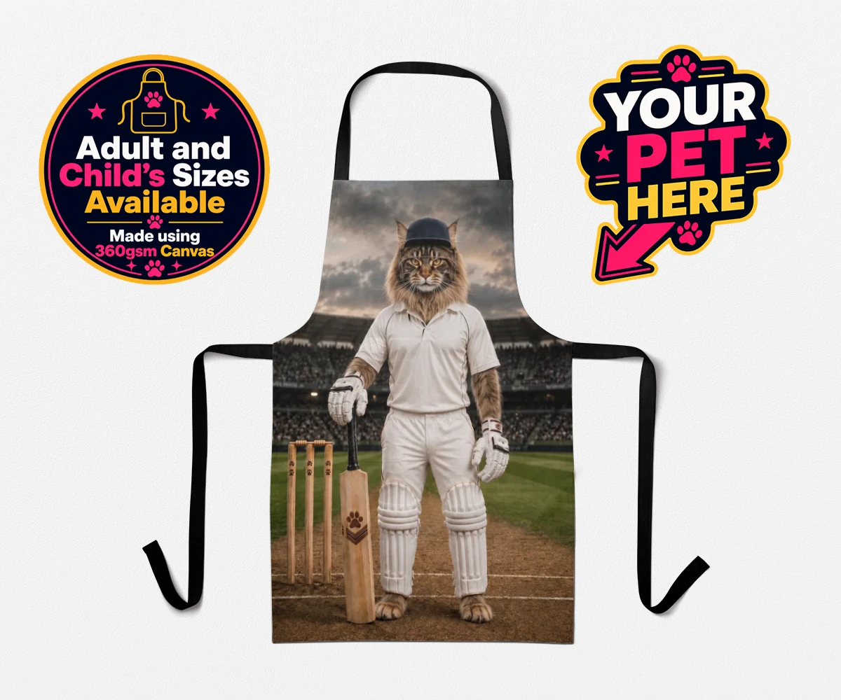 Personalised Cricket Paw cat aprons featuring meet Cricket Paw, the purr-fect fusion of feline charm and sporting sp