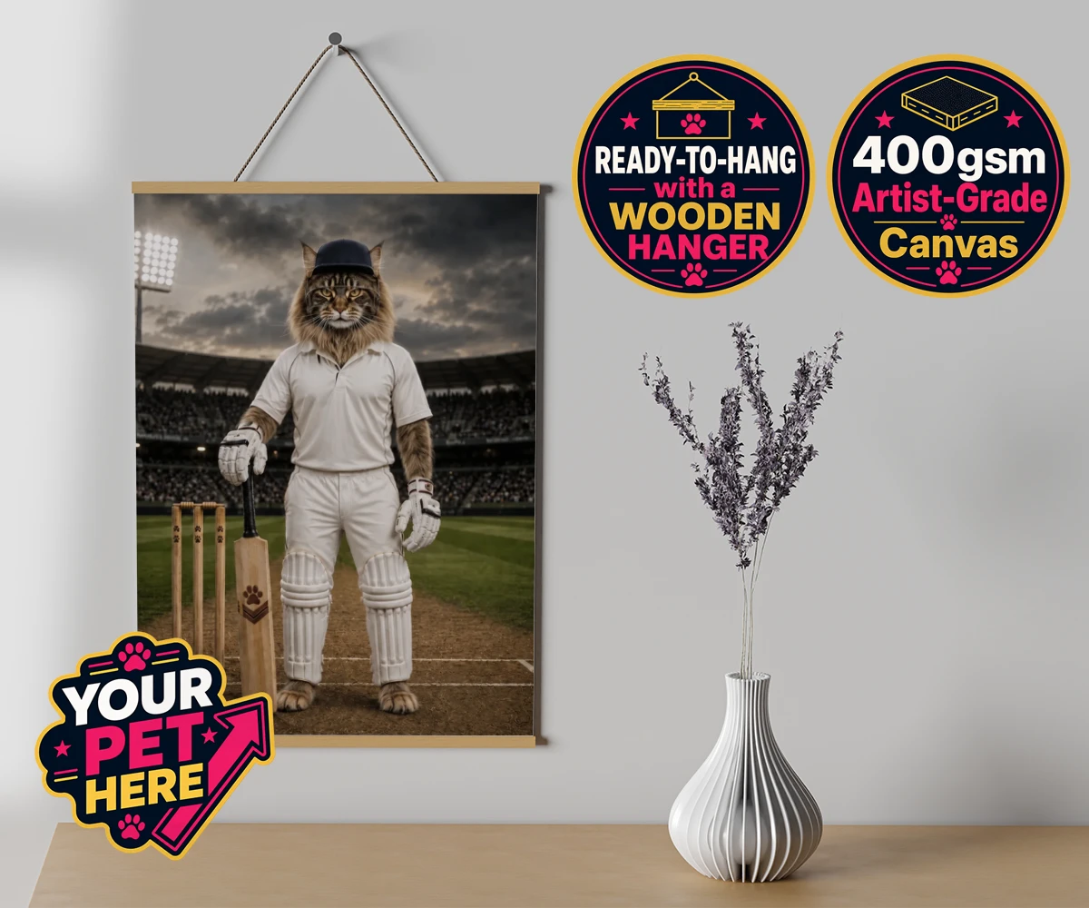 Personalised Cricket Paw cat canvas poster prints with hanger featuring meet Cricket Paw, the purr-fect fusion of feline charm and sporting sp