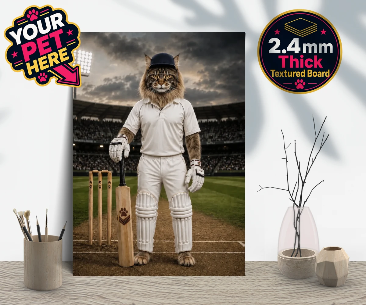 Personalised Cricket Paw cat gallery boards featuring meet Cricket Paw, the purr-fect fusion of feline charm and sporting sp