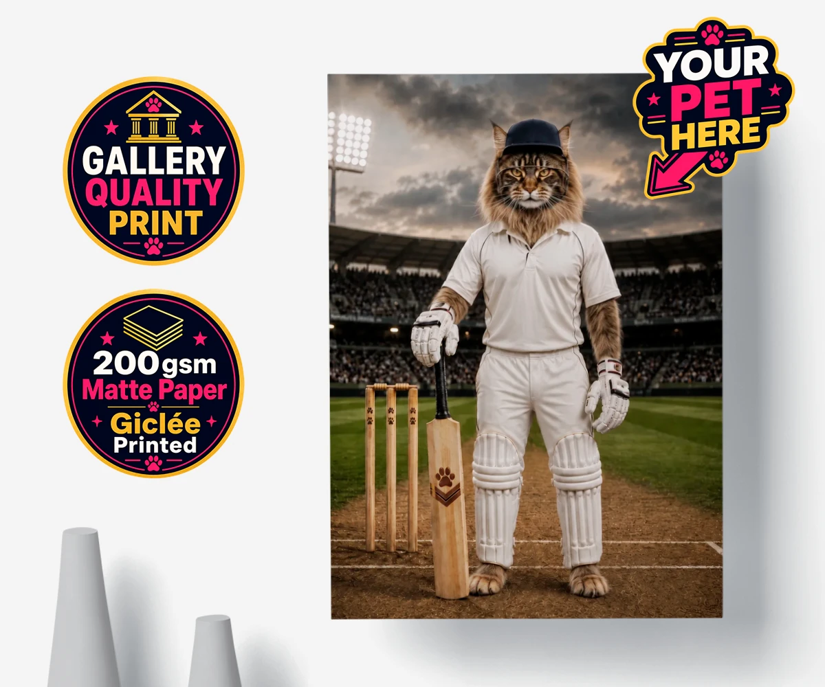 Personalised Cricket Paw cat premium poster print featuring meet Cricket Paw, the purr-fect fusion of feline charm and sporting sp