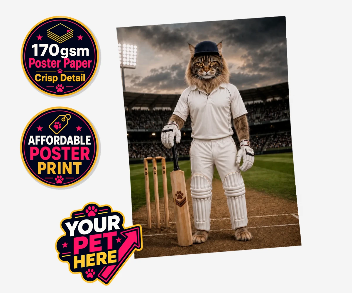 Personalised Cricket Paw cat standard poster print featuring meet Cricket Paw, the purr-fect fusion of feline charm and sporting sp