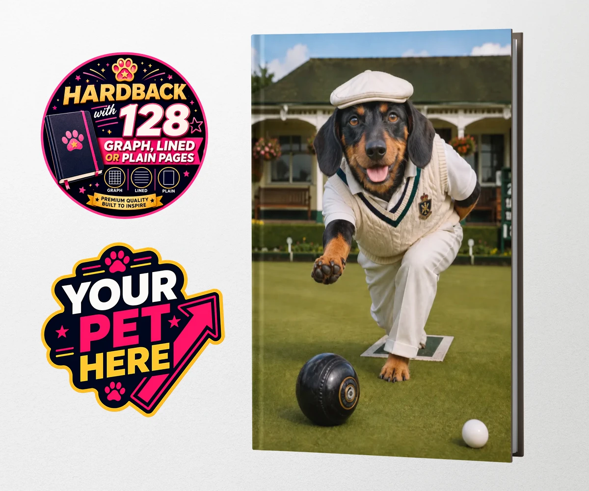 Personalised hardback notebook featuring Bowls Club Champion dog in cricket outfit