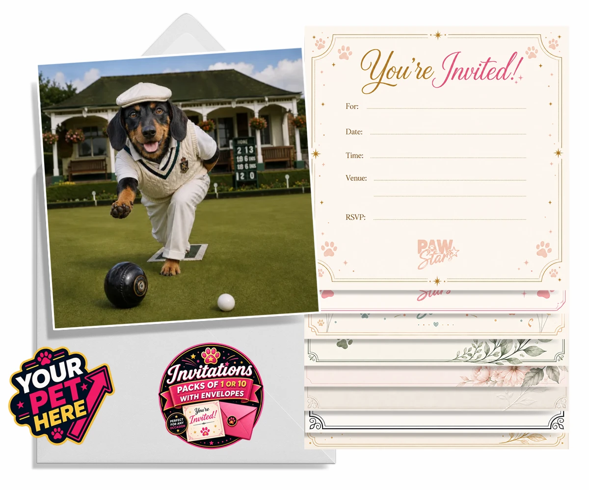 Personalised Bowls Club Champion dog invitations featuring a dog in a cricket-inspired outfit at a bowling club