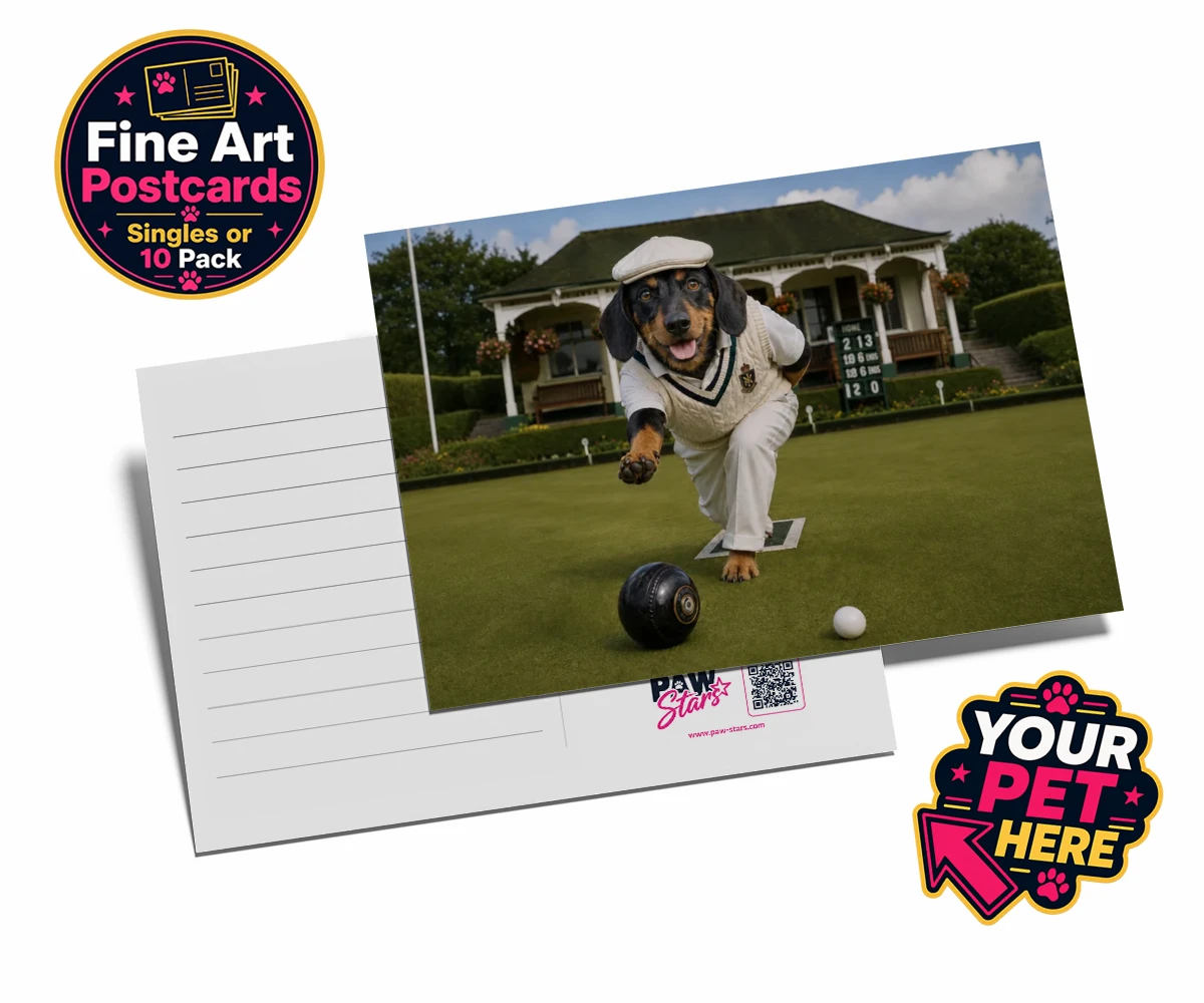 Personalised postcard featuring Bowls Club Champion dog in a cricket outfit on the greens