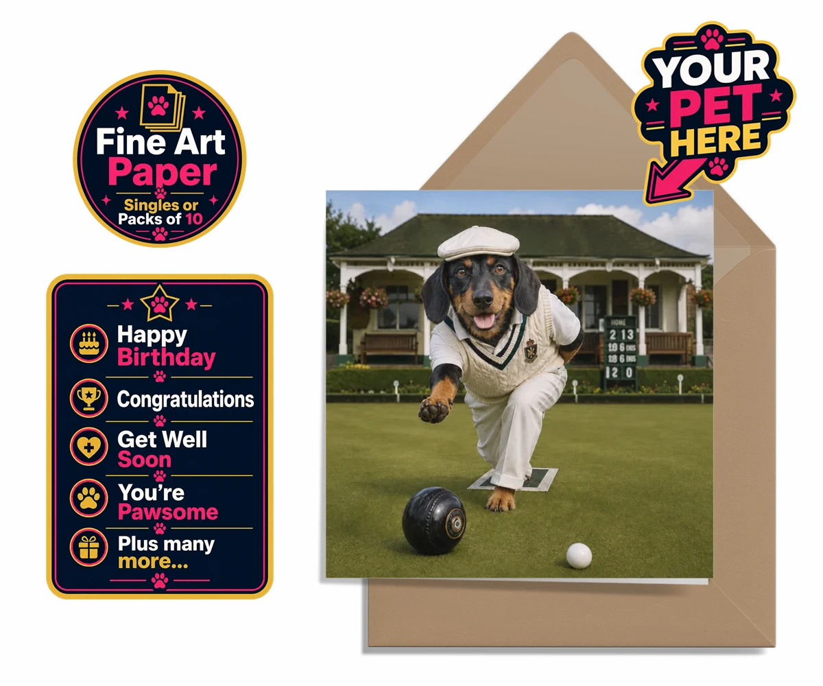 Personalised Bowls Club Champion dog greetings card showing a dog in a cricket-inspired outfit on the greens