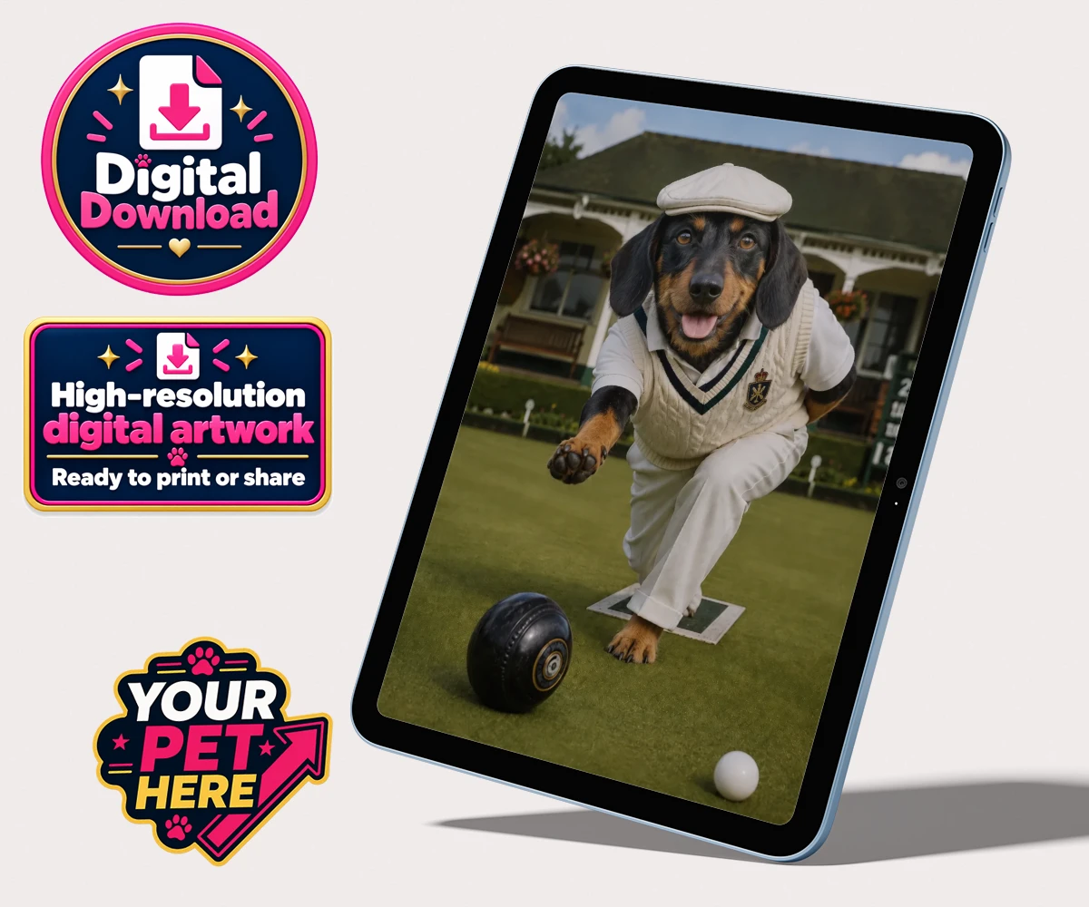 Personalised digital portrait of Bowls Club Champion dog in cricket outfit