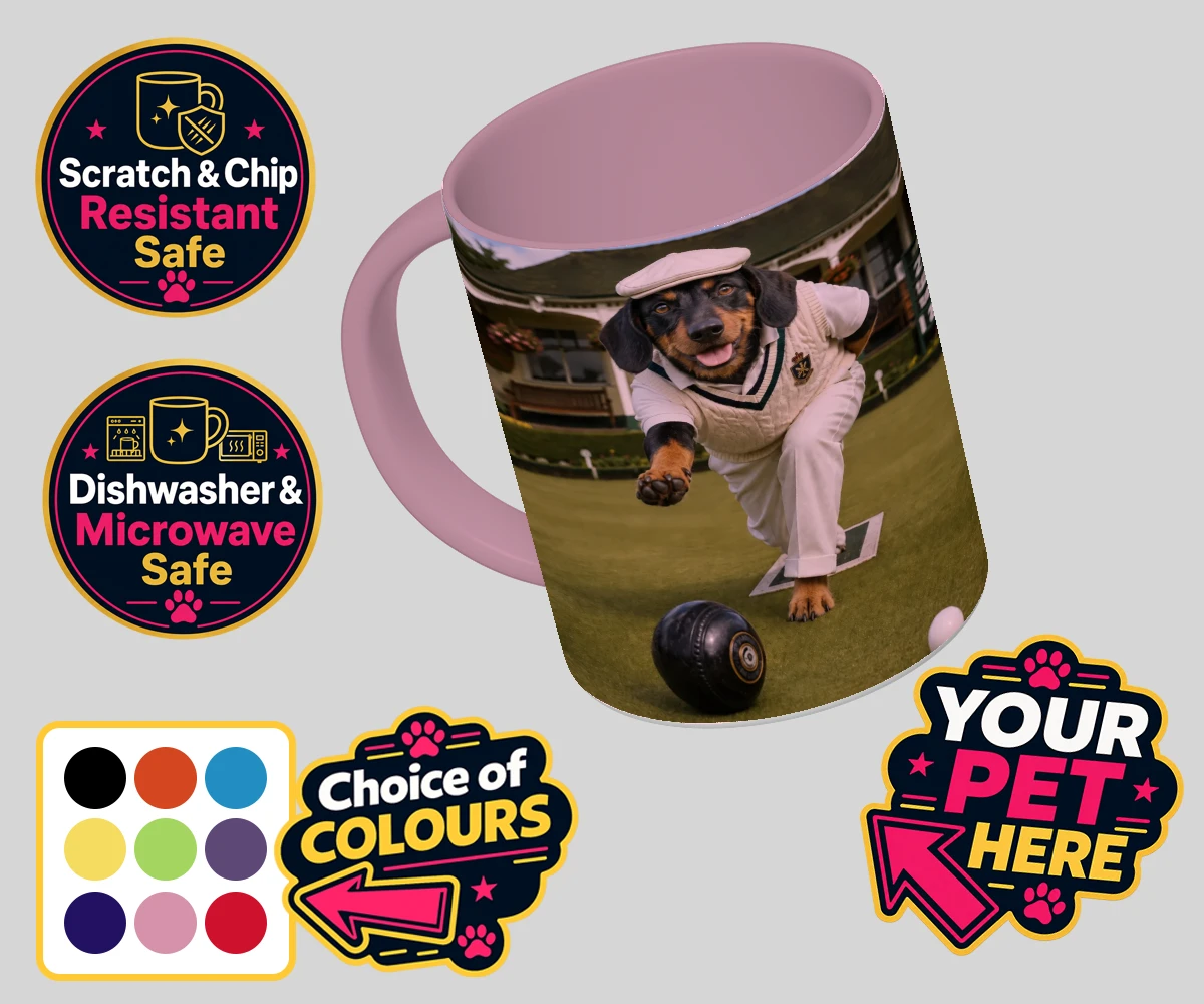 Personalised Bowls Club Champion dog coloured photo mugs featuring a delightful tribute to your beloved canine companion and their unmatc