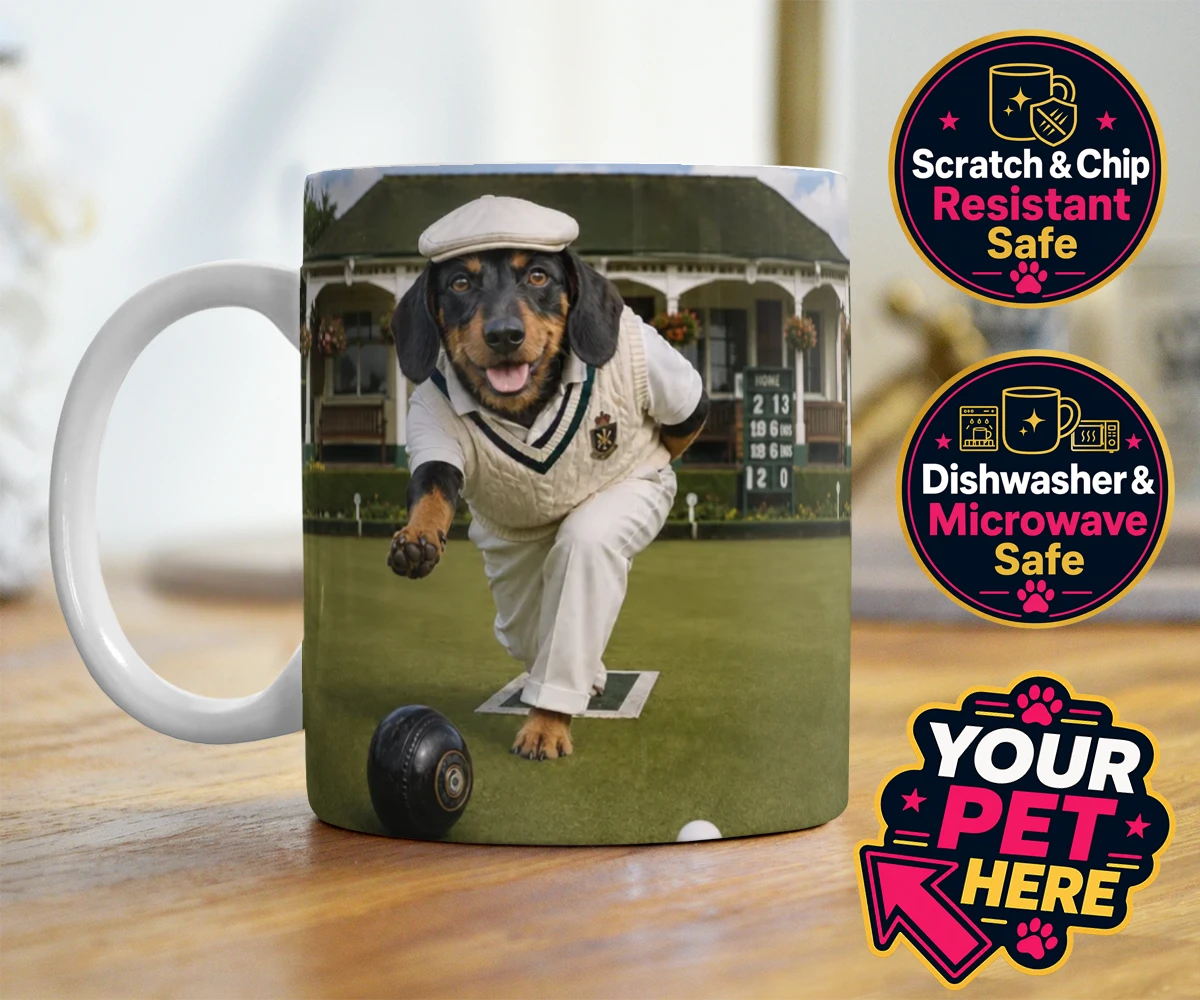 Personalised Bowls Club Champion dog photo mugs featuring a delightful tribute to your beloved canine companion and their unmatc