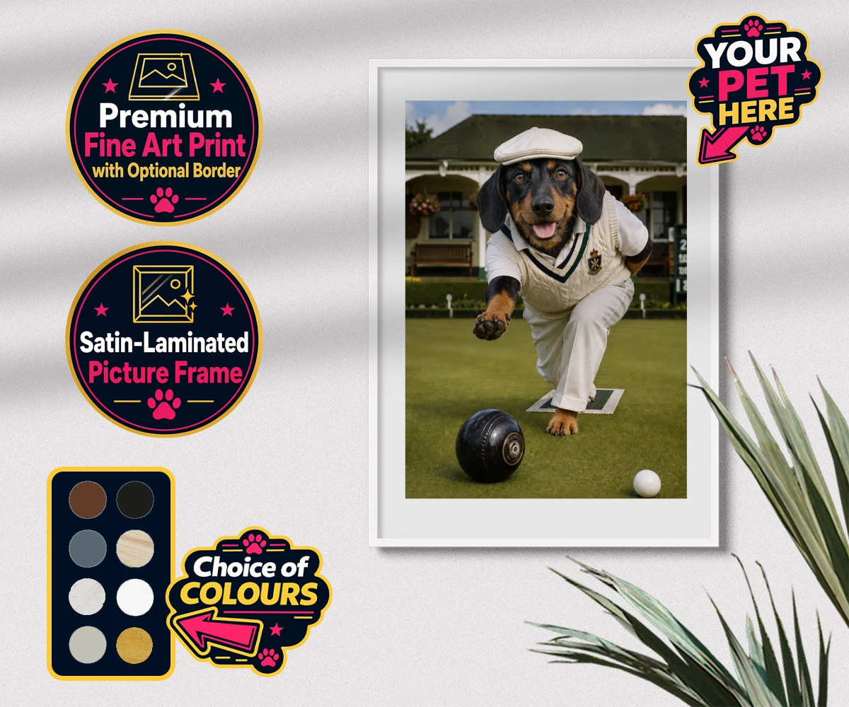 Personalised Bowls Club Champion dog premium framed print featuring a delightful tribute to your beloved canine companion and their unmatc