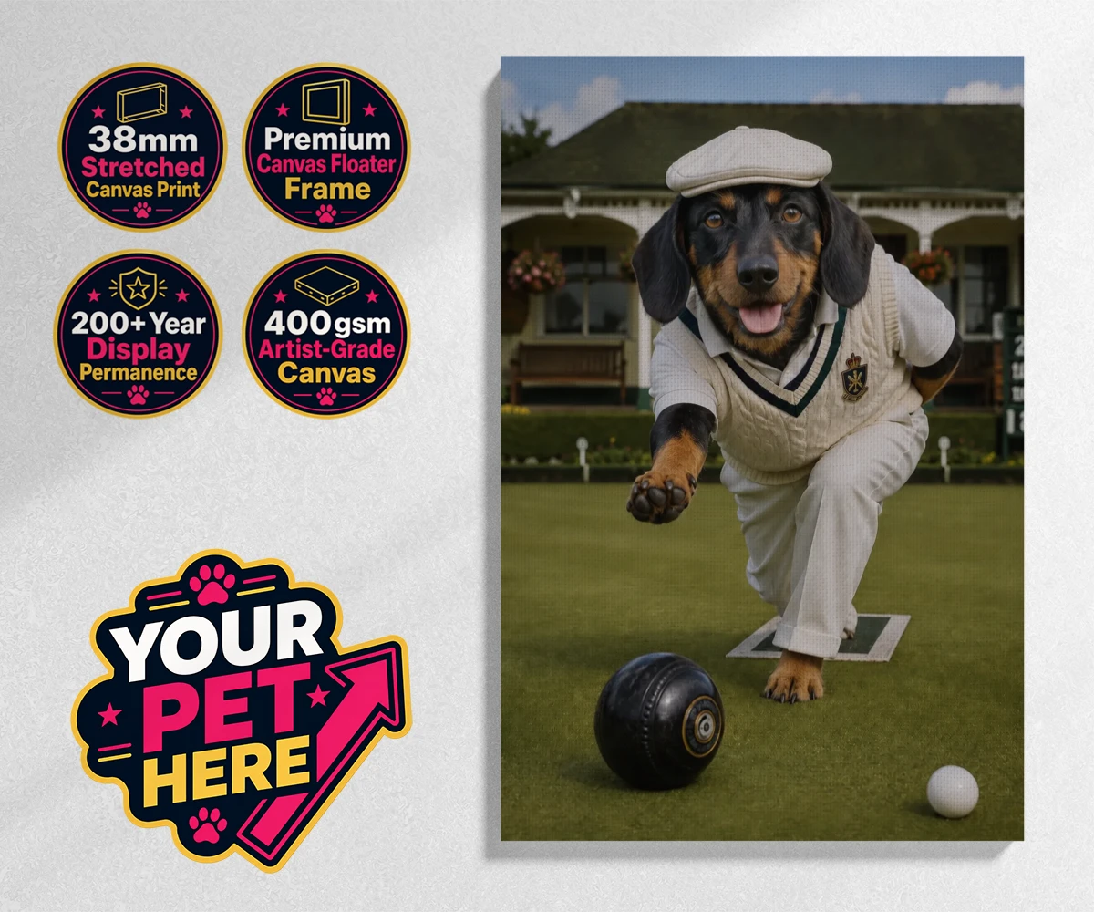 Personalised Bowls Club Champion dog stretched canvas print featuring a delightful tribute to your beloved canine companion and their unmatc