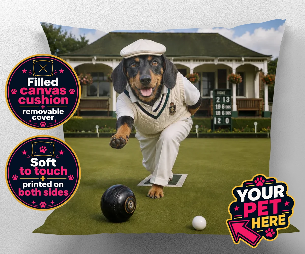 Personalised canvas cushion featuring Bowls Club Champion dog in cricket outfit on bowling greens