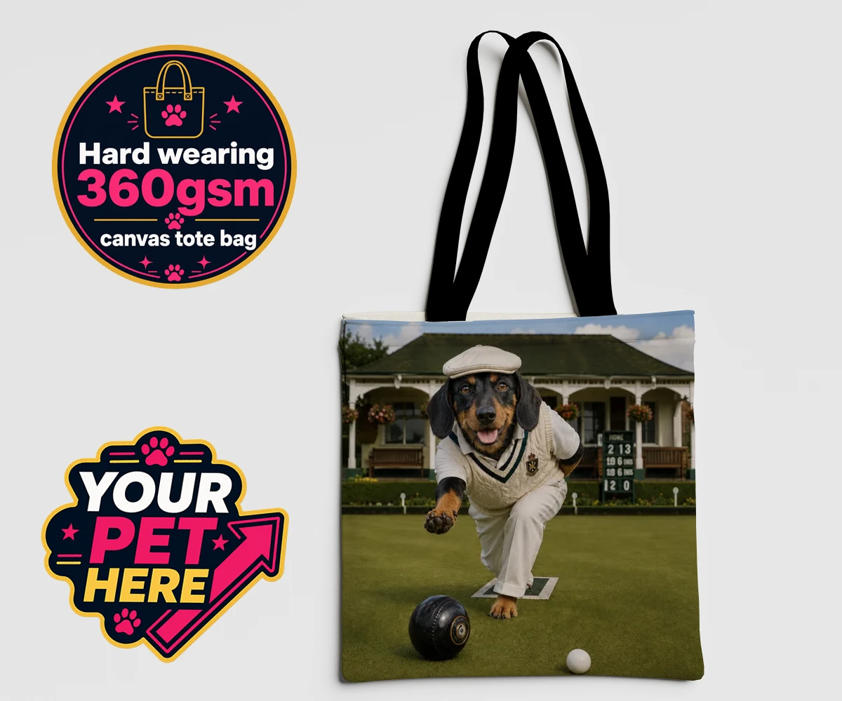 Personalised Bowls Club Champion dog canvas tote bag featuring a dog in a cricket outfit against a bowling club backdrop
