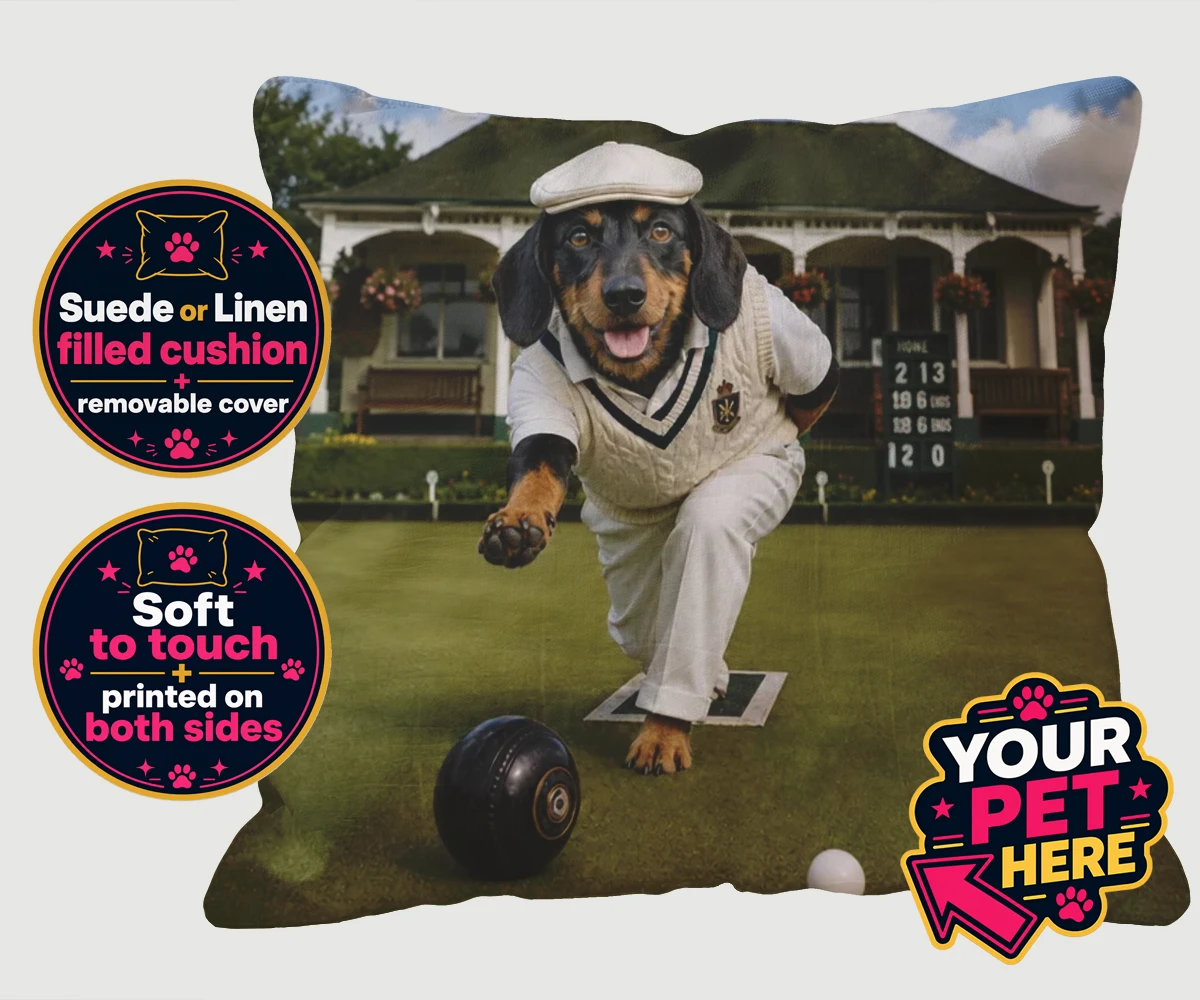Personalised Bowls Club Champion Dog Cushion featuring a dog in a cricket outfit on a bowling green