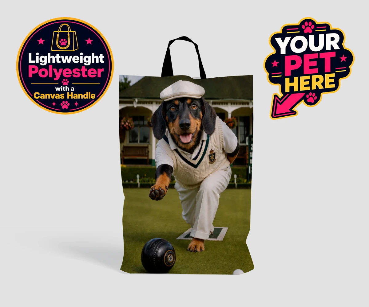 Personalised shopping bag featuring Bowls Club Champion dog in cricket attire on bowling club greens