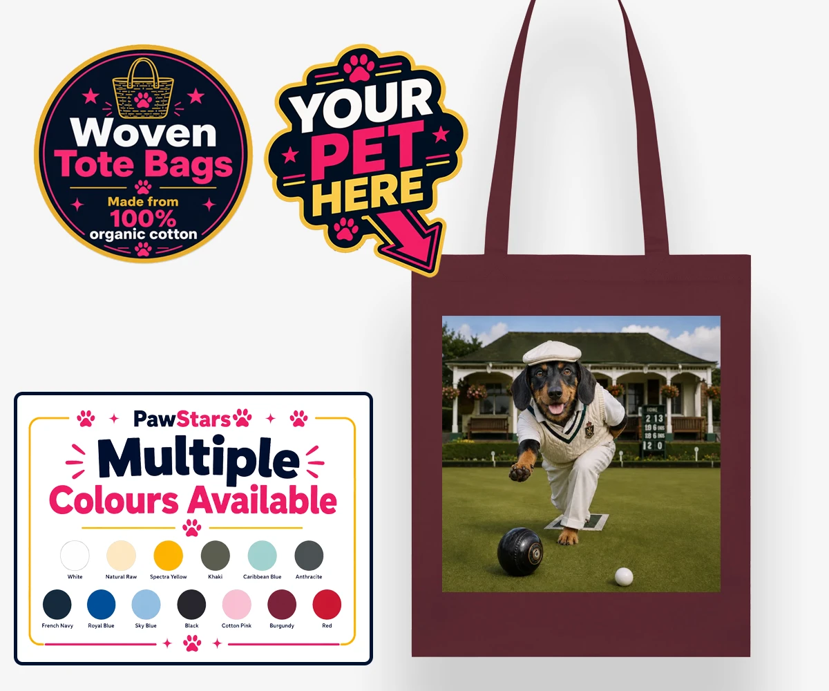 Personalised woven tote bag featuring the Bowls Club Champion dog in a cricket outfit