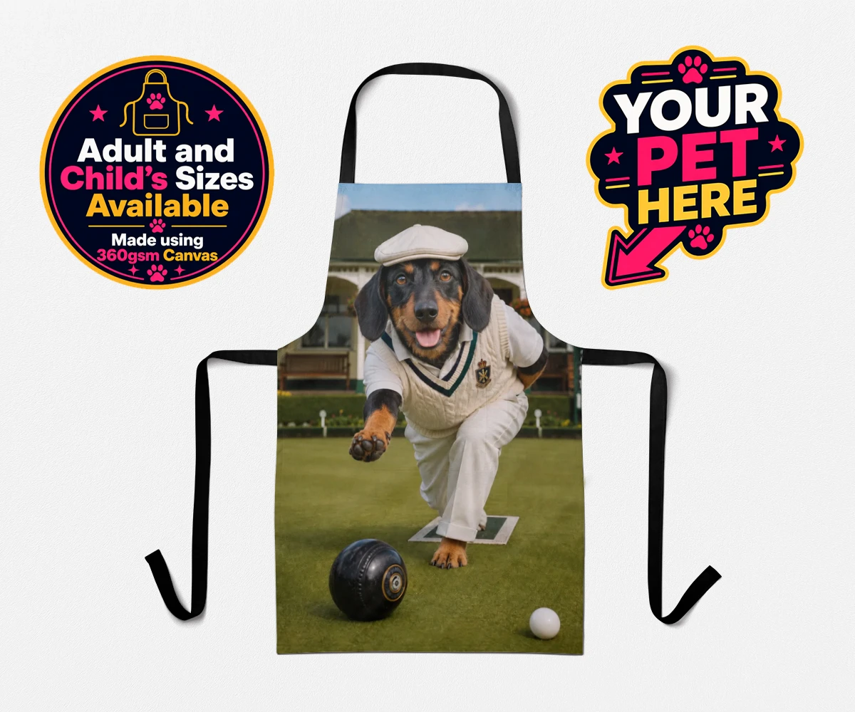Personalised apron featuring Bowls Club Champion dog in cricket outfit on bowling greens
