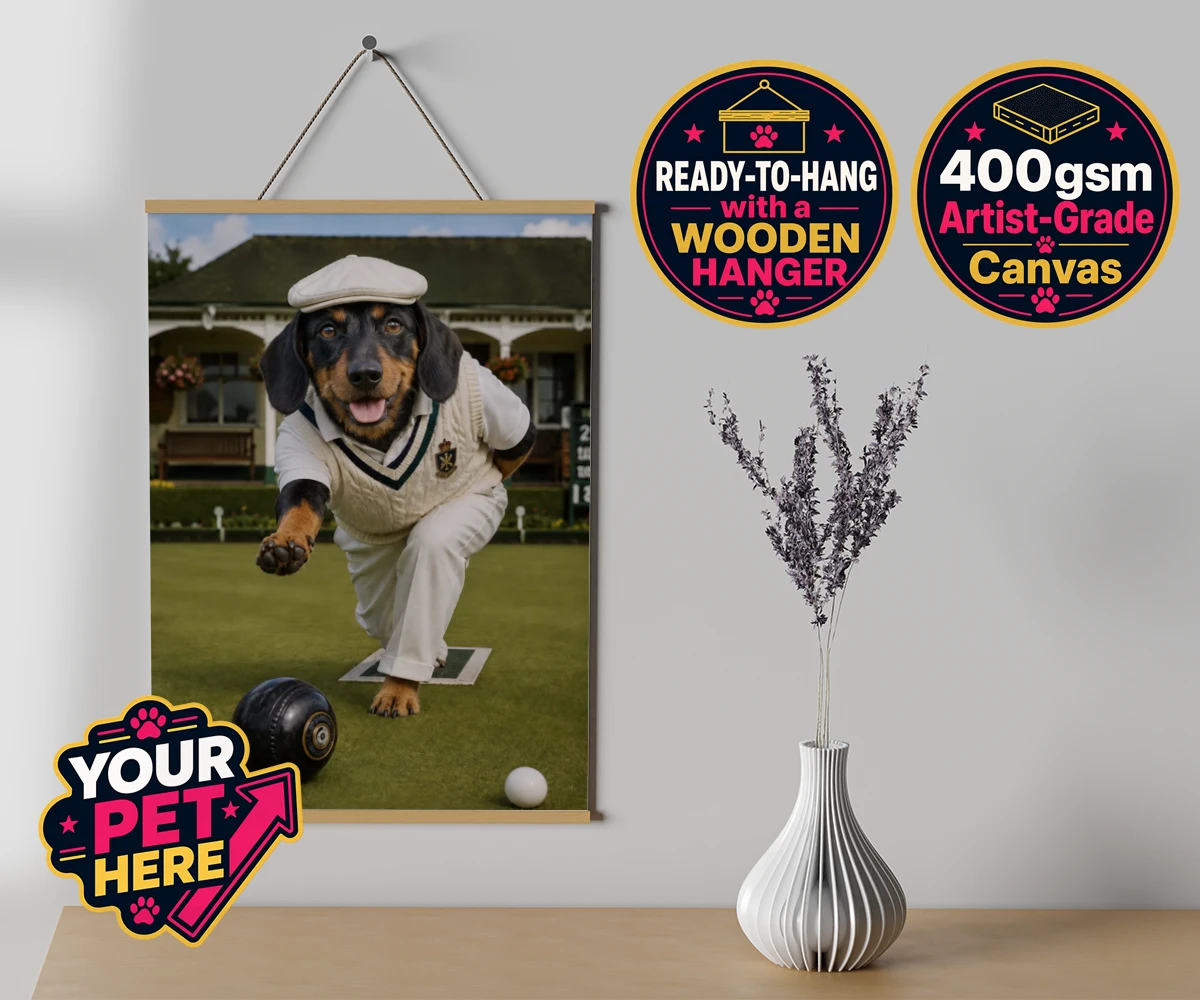 Personalised Bowls Club Champion dog canvas poster prints with hanger featuring a delightful tribute to your beloved canine companion and their unmatc