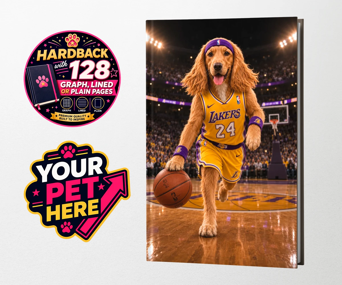 Personalised hardback notebook featuring Basketball Paw Star dog in yellow and purple jersey