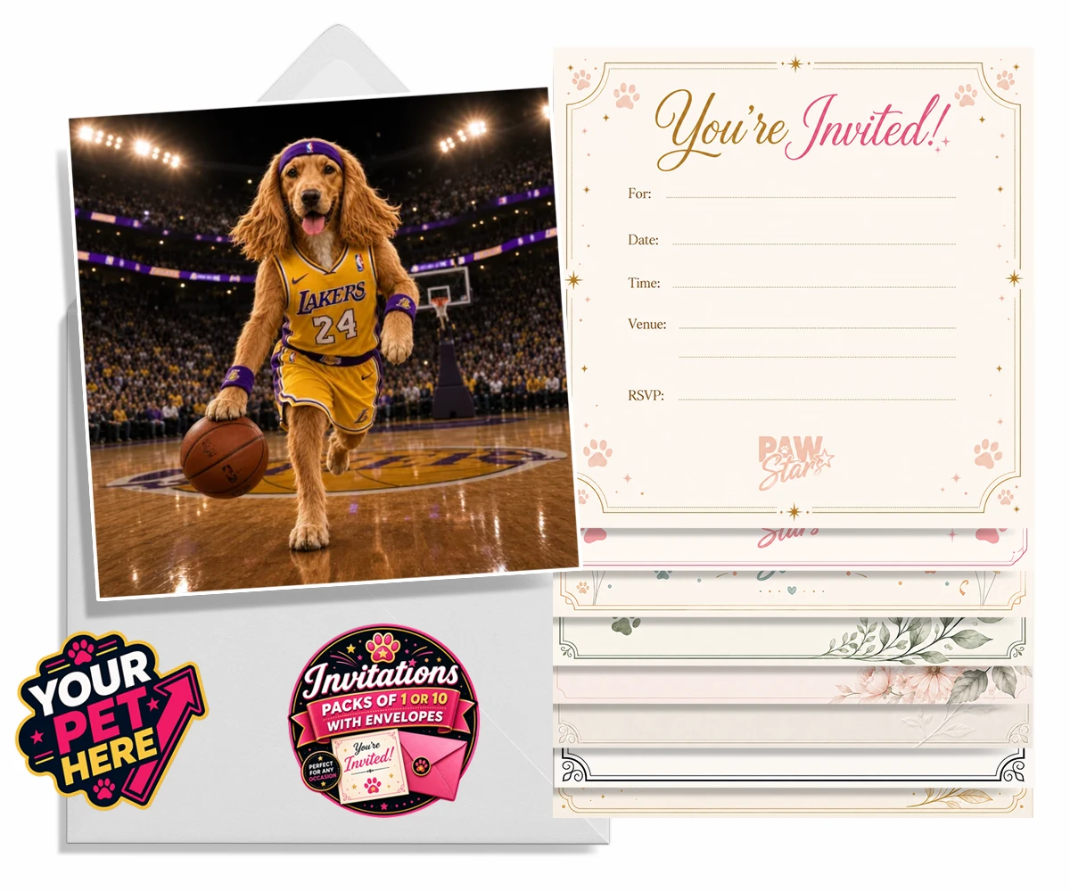 Personalised Basketball Paw Star dog invitations showing a dog in a yellow and purple jersey at a basketball arena