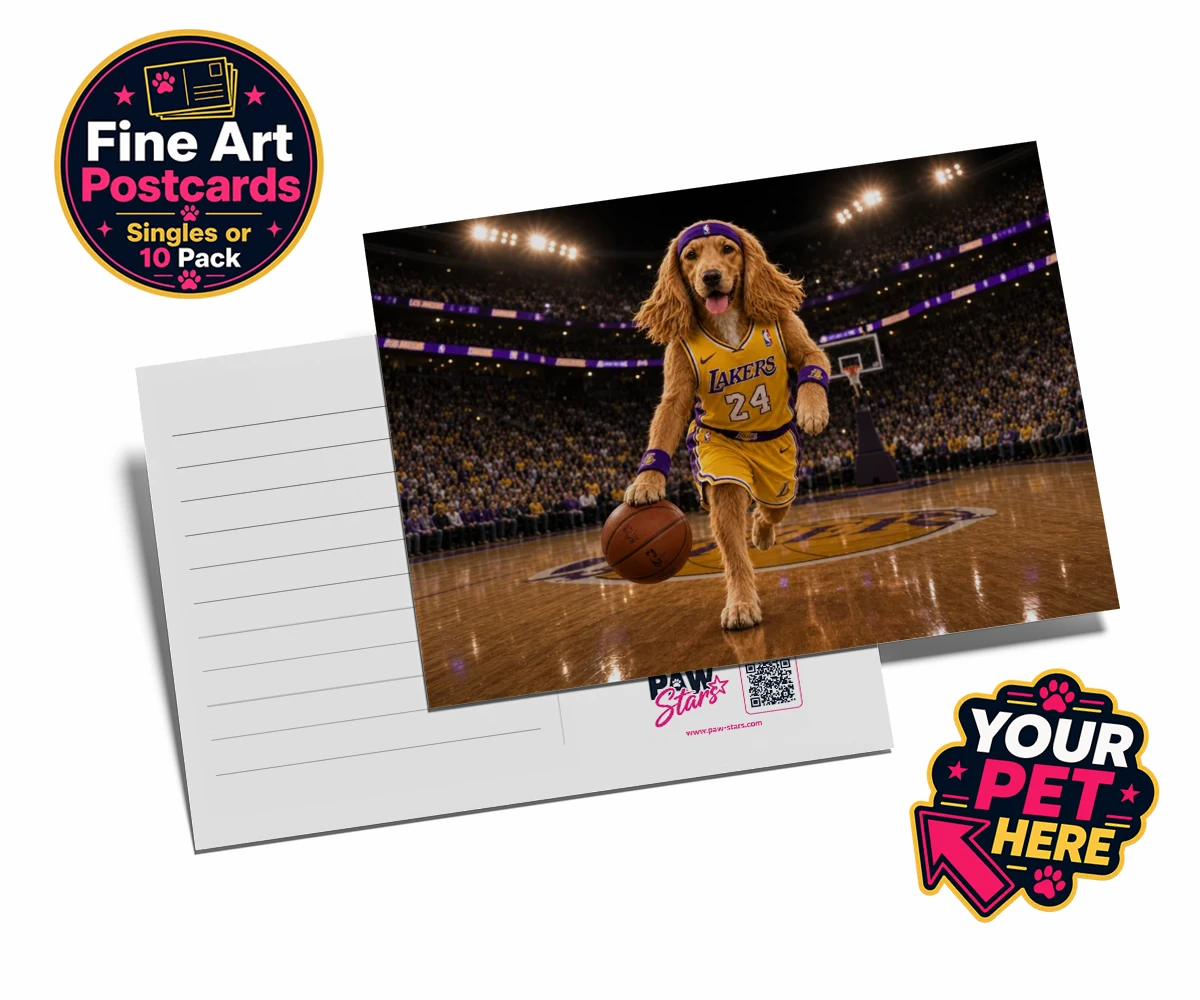 Personalised letters featuring Basketball Paw Star dog in yellow and purple jersey with a basketball arena backdrop.