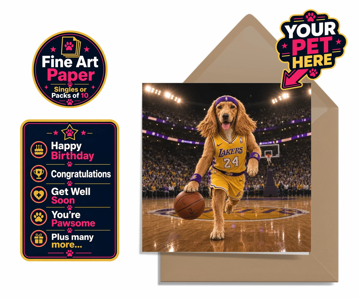 Personalised Greetings Card featuring Basketball Paw Star dog in yellow and purple jersey with basketball arena background