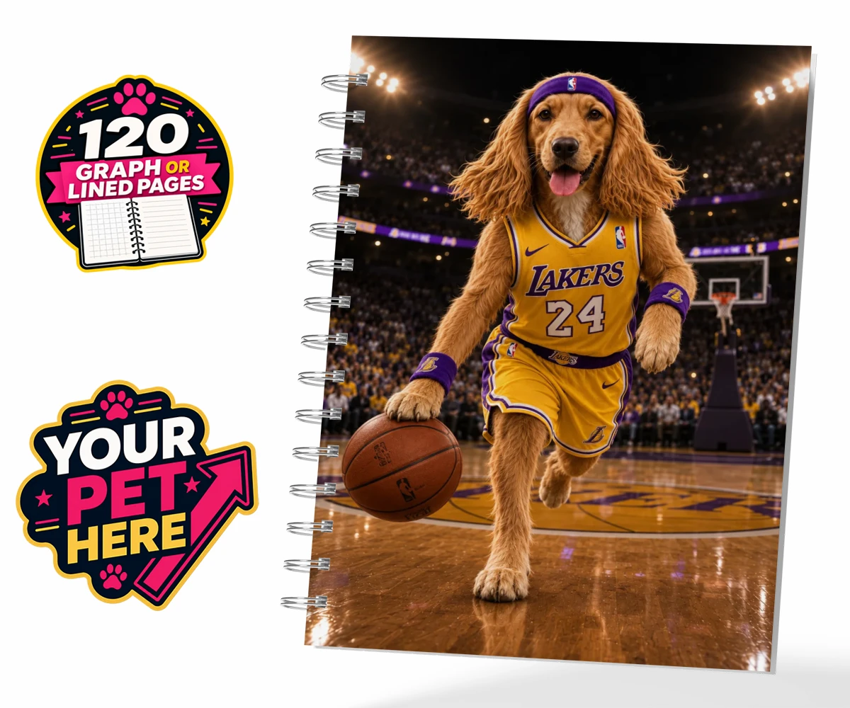 Personalised Basketball Paw Star dog notebook featuring a lively dog in a yellow and purple jersey with a basketball arena background