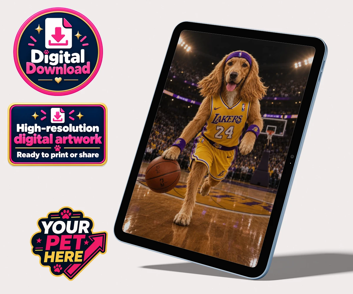 Digital portrait of a Basketball Paw Star dog wearing a yellow and purple jersey in a vibrant basketball arena