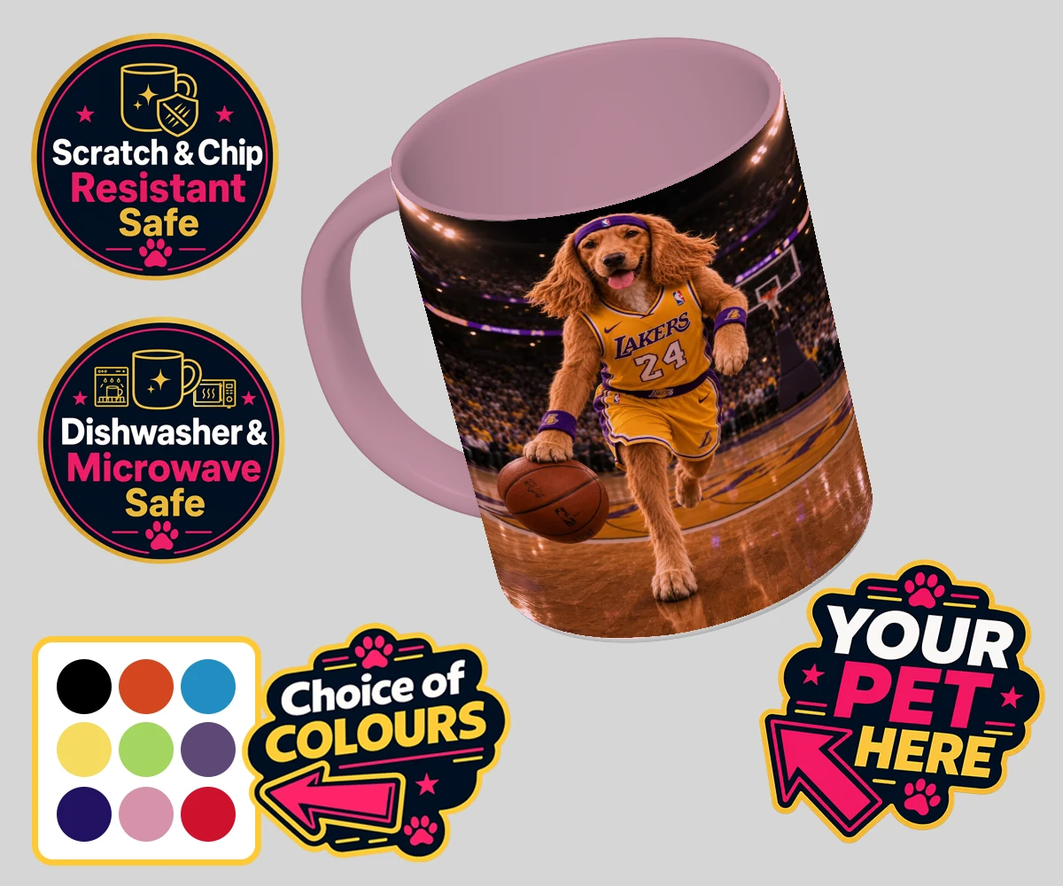 Personalised Basketball Paw Star dog coloured photo mugs featuring a delightful celebration of your furry friend's athletic spirit!