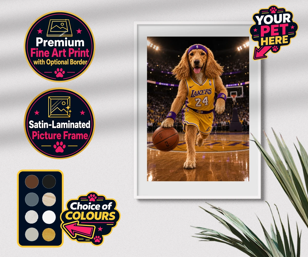 Personalised Basketball Paw Star dog premium framed print featuring a delightful celebration of your furry friend's athletic spirit!